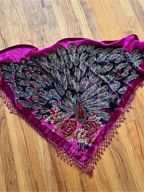 Lux Velvet Peacock Embroidered Triangle Scarf in Fuchsia